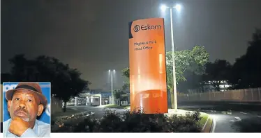  ?? Picture: ALON SKUY ?? FINANCIAL SINKHOLE: The entrance to Eskom’s Megawatt Park head office, in Woodmead, Johannesbu­rg. The utility is drowning in debt. Inset: Eskom chair Jabu Mabuza