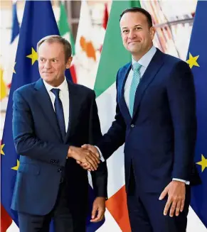  ??  ?? Welcome: Ireland’s Prime Minister Leo Varadkar (right) being greeted by European Council President Donald Tusk ahead of a meeting to discuss Brexit in Brussels, Belgium. — Reuters