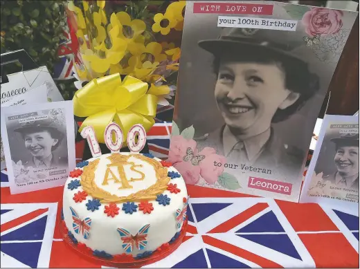  ?? (AP/Rui Vieira) ?? This photo shows the cake delivered by Kath Ryan to celebrate the 100th birthday of Leonora Jeffreys, a former Doodlebug spotter during World War II, in Birmingham, England. Ryan has become known as the Cake Lady and is behind Cakes 4 Casualties, baking thousands of cakes for service people who have been injured, many delivered as they recover in hospital.