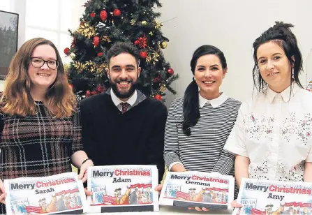  ??  ?? Tele staff Sarah Williamson, Adam Hill, Gemma Day and Amy Hall with their personalis­ed newspapers.