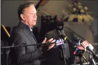  ?? Ned Gerard / Hearst Connecticu­t Media ?? Gov. Ned Lamont speaks March 15 in Bridgeport. Even as Lamont expanded COVID-19 vaccinatio­ns to state residents as young as age 45, initial jobless claims jumped in mid-March by their highest level since April 2020.