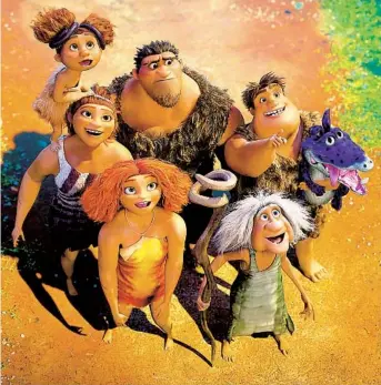  ?? DREAMWORKS ANIMATION ?? “The Croods: A New Age” follows (clockwise from top left) Sandy (Kailey Crawford), Grug (Nicolas Cage), Thunk (Clark Duke), Gran (Cloris Leachman), Eep (Emma Stone) and Ugga (Catherine Keener).