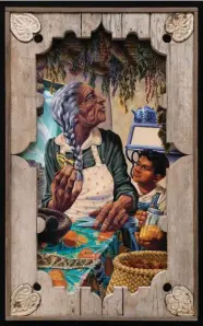  ??  ?? Abuela’s Cocina, oil on canvas panel with hand-made wood frame, 46 x 28"