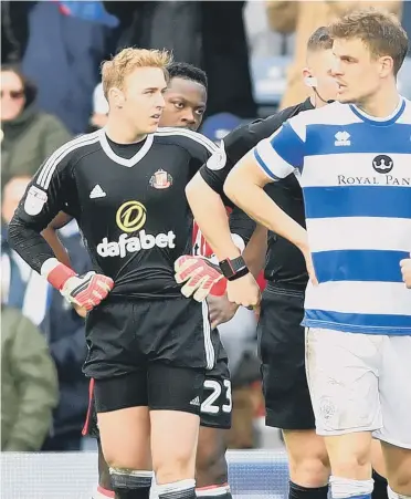  ??  ?? Jason Steele looks bewildered after being shown the red card at QPR on Saturday. Pictures by Frank Reid.