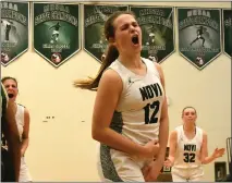  ?? MATTHEW MOWERY — MEDIANEWS GROUP, FILE ?? Novi’s Anna Lindsey celebrates a basket late in a 41-35 win over Birmingham Groves early in the 2022-23 season. Lindsey and Novi will take on Troy next season in the first-ever KLAA/OAA Basketball challenge.