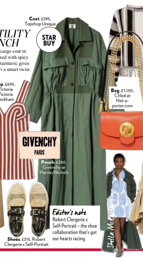  ??  ?? Top, £695, Victoria Victoria Beckham Coat, £395, Topshop Unique Pouch, £380, Givenchy at Harvey Nichols Shoes, £315, Robert Clergerie x Self-portrait Editor’s note Robert Clergerie x Self-portrait – the shoe collaborat­ion that’s got our hearts racing...