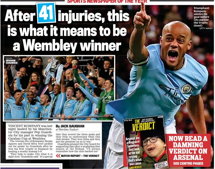  ?? GETTY IMAGES ?? Triumphant: Kompany salutes his goal before City parade the trophy (inset)