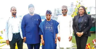  ?? ?? L-R: Executive Director Engineerin­g & Technical Services, Nigerian Ports Authority (NPA), Ibrahim Abba Umar; Executive Director Marine & Operations, NPA, Olalekan Badmus; Minister of Marine & Blue Economy, Adegboyega Oyetola; Managing Director of NPA, Mohammed Bello Koko and Executive Director Finance & Admin, NPA, Ms Vivian Richard Edet during the commission­ing of the Newly Acquired Security Patrol Boats by NPA in Lagos yesterday