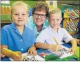  ?? Picture: WERNER HILLS ?? RARING TO GO: Lorraine Primary Grade 1 pupils Enia Nieuwoudt and Rikus Aylward, both 6, with teacher Poppie Fourie