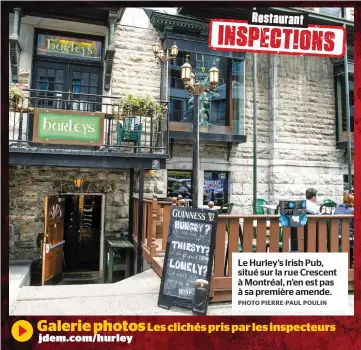  ?? PHOTO PIERRE-PAUL POULIN ?? Le Hurley’s Irish Pub, situé sur la rue Crescent à Montréal, n’en est pas à sa première amende. INSPECTION­S Restaurant