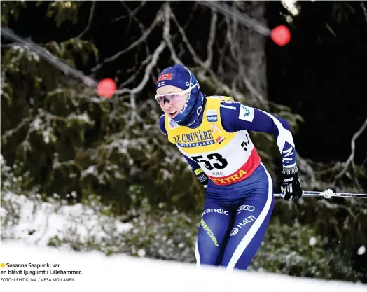  ?? FOTO: LEHTIKUVA / VESA MOILANEN ?? Susanna Saapunki var en blåvit ljusglimt i Lillehamme­r.