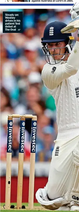  ?? AP ?? Steady on: Westley drives in his patient Test debut at The Oval