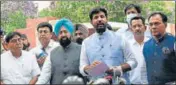  ?? KESHAV SINGH/HT ?? Punjab Congress chief Amarinder Singh Raja Warring, CLP leader Partap Singh Bajwa and other party leaders after meeting the governor in Chandigarh on Tuesday.