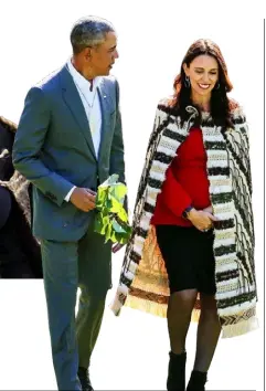  ??  ?? FROM FAR LEFT The Duchess of Sussex in New Zealand wearing a muka kākahu by weaver Norma Sturley; Prime Minister Jacinda Ardern welcomes Barack Obama to Aotearoa wearing a cloak with a Miss Crabb top.