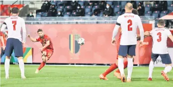  ?? — AFP photo ?? Belgium’s striker Dries Mertens (second left) scores a goal during the UEFA Nations League match between Belgium and England at Den Dreef stadium in Louvain.