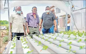  ?? Picture: REINAL CHAND ?? Vegetable farmers Ishwar Charan (left), Jagdish Chand and Navin Prasad admire the hydroponic set up for the Drasa Johnson Vegetable Farmers’ Cooperativ­e model farm in Lautoka.