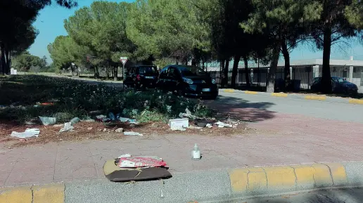  ??  ?? Degrado Nella foto grande e in basso a sinistra i rifiuti ai margini della ModugnoCar­bonara, il tratto di stadio che separa l’ingresso del San Nicola dall’antistadio. A destra il bus su cui salgono ogni giorno i biancoross­i