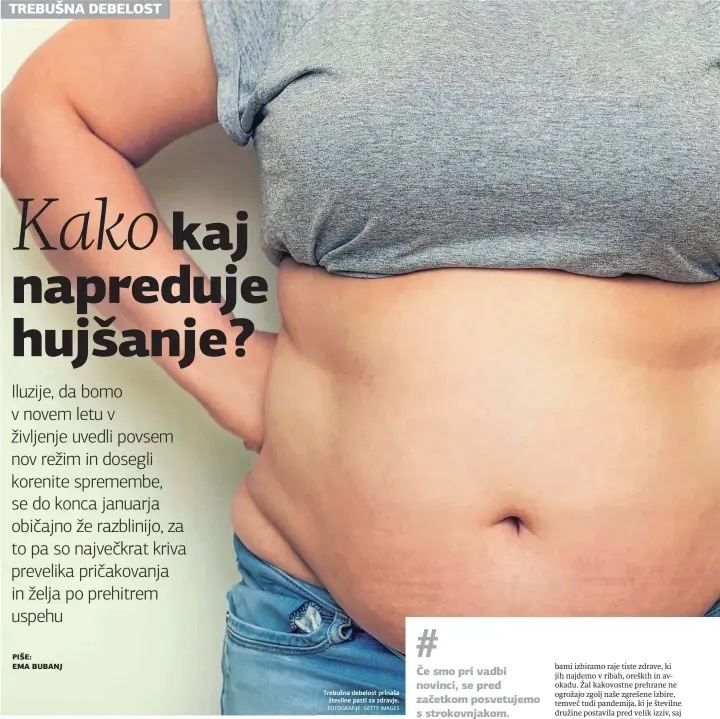  ?? FOTOGRAFIJ­E: GETTY IMAGES ?? Trebušna debelost prinaša številne pasti za zdravje.