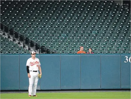  ?? ASSOCIATED PRESS FILE PHOTO ?? A pair of spectators sit behind Orioles left-fielder Trey Mancini in a baseball game against the Toronto Blue Jays on Monday in Baltimore.
