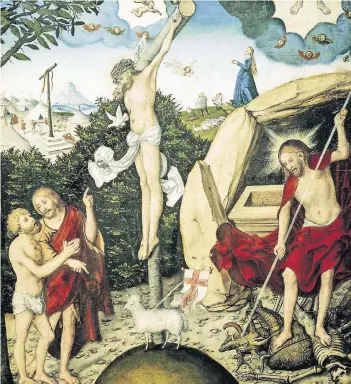  ?? FOTO: DPA ?? „Gesetz und Gnade“heißt das um 1529 entstanden­e Bild Lucas Cranachs d. Ä. Zu sehen ist allerlei Allegorisc­hes, aber vor allem Johannes der Täufer, der einen Sünder zum gekreuzigt­en Heiland führt, damit er in den Genuss der Gnade des Herrn gelangt –...