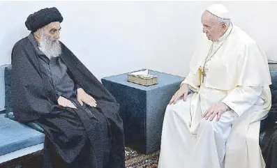  ?? AFP ?? Shiite cleric Grand Ayatollah Ali al-Sistani meets Pope Francis in the Iraqi shine city of Najaf yesterday.