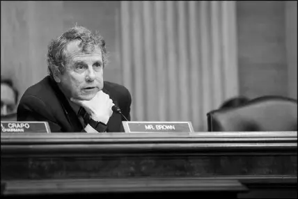  ?? ERIN SCHAFF / THE NEW YORK TIMES ?? Sen. Sherrod Brown, D-Ohio, speaks during a Senate Banking Committee hearing March 1 on Capitol Hill. After President Trump won a landslide there in 2016, Ohio has become a crucial test for populist Democrats seeking a comeback in the midterm campaign.