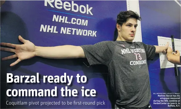  ?? BILL WIPPERT/NHLI VIA GETTY IMAGES ?? Mathew Barzal has his
wingspan measured during the NHL combine at HarborCent­er on June 6, in
Buffalo, N.Y.