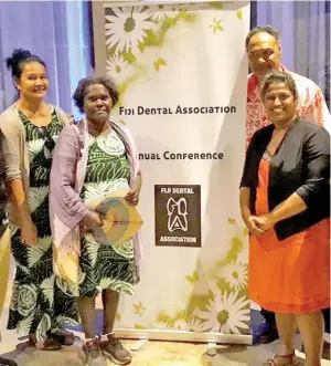  ??  ?? Vice president of the Fiji Dental Associatio­n Dr Leenu Maimanuku (from right) with FDA committee members during the FDA conference last year.