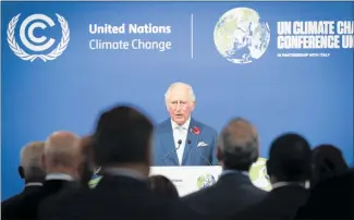  ?? ?? Charles during a visit to view the CycloneCC technology at Carbon Clean, Doosan Babcock in Renfrew, Scotland. Right: He addresses a Commonweal­th Leaders’ Reception, at the COP26 Summit, in Glasgow, last November.