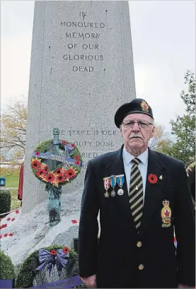 ?? DAVE JOHNSON
THE WELLAND TRIBUNE ?? Royal Canadian Legion Branch 56 president Harry Hamilton stands in front of the cenotaph at H.H. Knoll Lakeview Park with the legion's wreath laid on it.