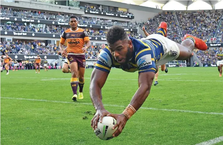  ?? Photo: NRL.com ?? Fijian-born Parramatta Eels winger Maika Sivo scores a try during this year’s National Rugby League (NRL). Sivo has re-sgined with the Eels and is going to stay right up to 2021. He is a sure starter for the Vodafone Fijian Bati in next month’s Test matches against Samoa and Papua New Guinea in New Zealand.