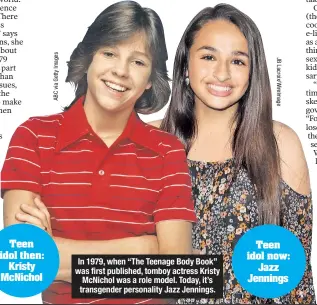  ??  ?? In 1979, when “The Teenage Body Book” was first published, tomboy actress Kristy McNichol was a role model. Today, it’s transgende­r personalit­y Jazz Jennings.