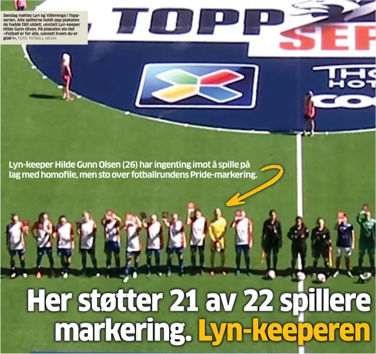  ?? FOTO: FOTBALL MEDIA ?? Søndag møttes Lyn og Vålerenga i Toppserien. Alle spillerne holdt opp plakaten de hadde fått utdelt, unntatt Lyn-keeper Hilde Gunn Olsen. På plakaten sto det «Fotball er for alle, uansett hvem du er glad i».