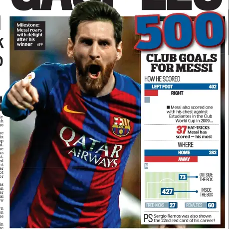  ?? AFP ?? Milestone: Messi roars with delight after his winner