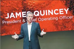  ?? BENOIT TESSIER / REUTERS ?? James Quincey, chief executive officer of The Coca-Cola Co, delivers a presentati­on in Paris. He took over his current position from Muhtar Kent on May 1.