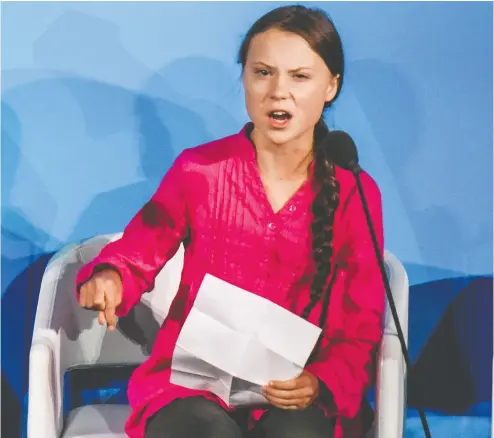  ?? STEPHANIE KEITH / GETTY IMAGES ?? Youth activist Greta Thunberg speaks at the Climate Action Summit at the United Nations on Monday.