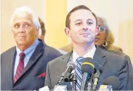  ?? JOSHUA MCKERROW/CAPITAL GAZETTE ?? Democrats have selected Baltimore Sen. Bill Ferguson, right, to succeed longtime Senate President Thomas V. Mike Miller, left, who is stepping down from his post.