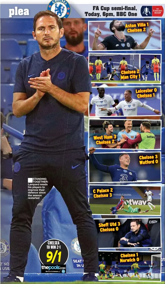  ??  ?? STANDING TOGETHER: Lampard needs his players to improve their defence since the season restarted