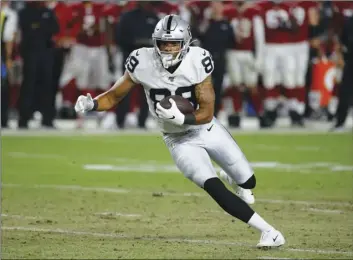  ?? AP PHOTO/RICK SCUTERI ?? In this Aug. 15 file photo, Oakland Raiders wide receiver Keelan Doss (89) runs with the ball during an an NFL preseason football game against the Arizona Cardinals in Glendale, Ariz.