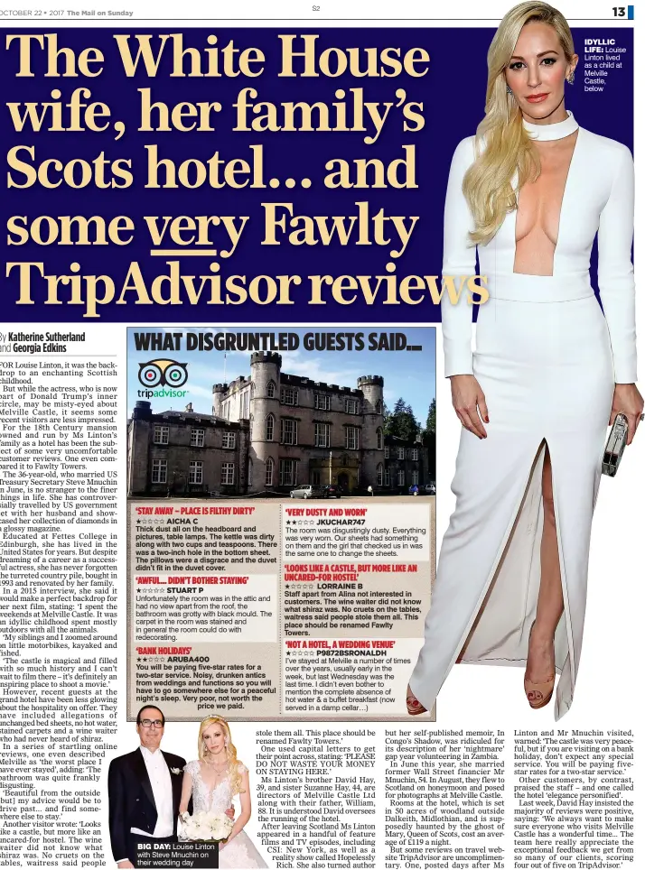  ??  ?? IDYLLIC
LIFE: Louise Linton lived as a child at Melville Castle, below
BIG DAY: Louise Linton with Steve Mnuchin on their wedding day