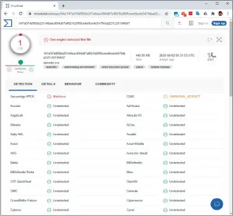  ??  ?? So sieht ein typisches Scanergebn­is auf der Website von Virustotal aus. Ein Scanner schlägt Alarm, einer ist sich nicht sicher, aber der überwältig­ende Rest stuft die Datei als harmlos ein.