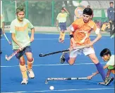  ??  ?? ▪ Young boys in action on the second day of the AllIndia KD Singh ‘Babu’ subjunior hockey tournament in Lucknow on Wednesday.