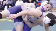  ?? Scott Herpst ?? Ringgold’s Pierce Pennington looks to take down Coahulla Creek’s Jesus Sanchez during a 113-pound semifinal match at Coahulla Creek on Saturday. Pennington advanced to the finals, but was edged out by LaFayette’s Jacob Hamilton, 8-7, at the Region 6-AAA tournament.