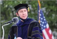  ?? Christian Abraham / Hearst Connecticu­t Media file photo ?? Superinten­dent of Schools Jason McKinnon speaks during an Oxford High School commenceme­nt ceremony on June 9, 2019. He has ordered the high school closed until Nov. 4 and classes converted to remote learning after a high school athlete tested positive for COVID- 19 last week.