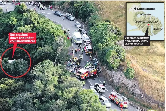  ?? Picture / Broadcast Media — Matthew Simons ?? Emergency services freed several people trapped in the wreckage after a car and a bus carrying 33 tourists collided.