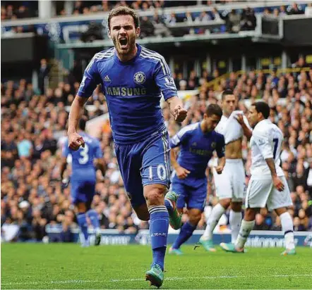  ??  ?? Doing the double: Chelsea’s Juan Mata celebrates after scoring against Tottenham Hotspur while Wayne Rooney (below) waves to the crowd after his second goal against Stoke.