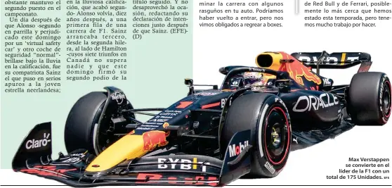  ?? EFE ?? Max Verstappen se convierte en el líder de la F1 con un total de 175 Unidades.