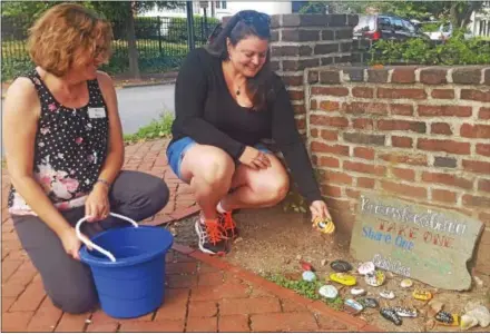  ?? BILL RETTEW JR. — DIGITAL FIRST MEDIA ?? Meg Diskin, West Chester Public Library staffer, left, and artist Lisa D’Annunzio plant hand-painted rocks at the library’s Kindness Rocks Garden.