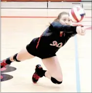  ?? PHOTO BY RICK PECK ?? McDonald County’s Destiny Arnall dives for a ball during the Lady Mustangs’ 25-18, 25-19 loss to Republic in the opening round of the Missouri Class 4 District 12 Volleyball Tournament on Monday night at Webb City High School.