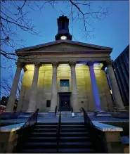  ?? SUBMITTED PHOTO ?? One of the six pillars of Chester County’s Historic Courthouse will shine in blue light on January nights beginning January 11, National Human Traffickin­g Awareness Day. The single lighted pillar represents an estimated one in six children who were reported as endangered runaways and were likely victims of sex traffickin­g.